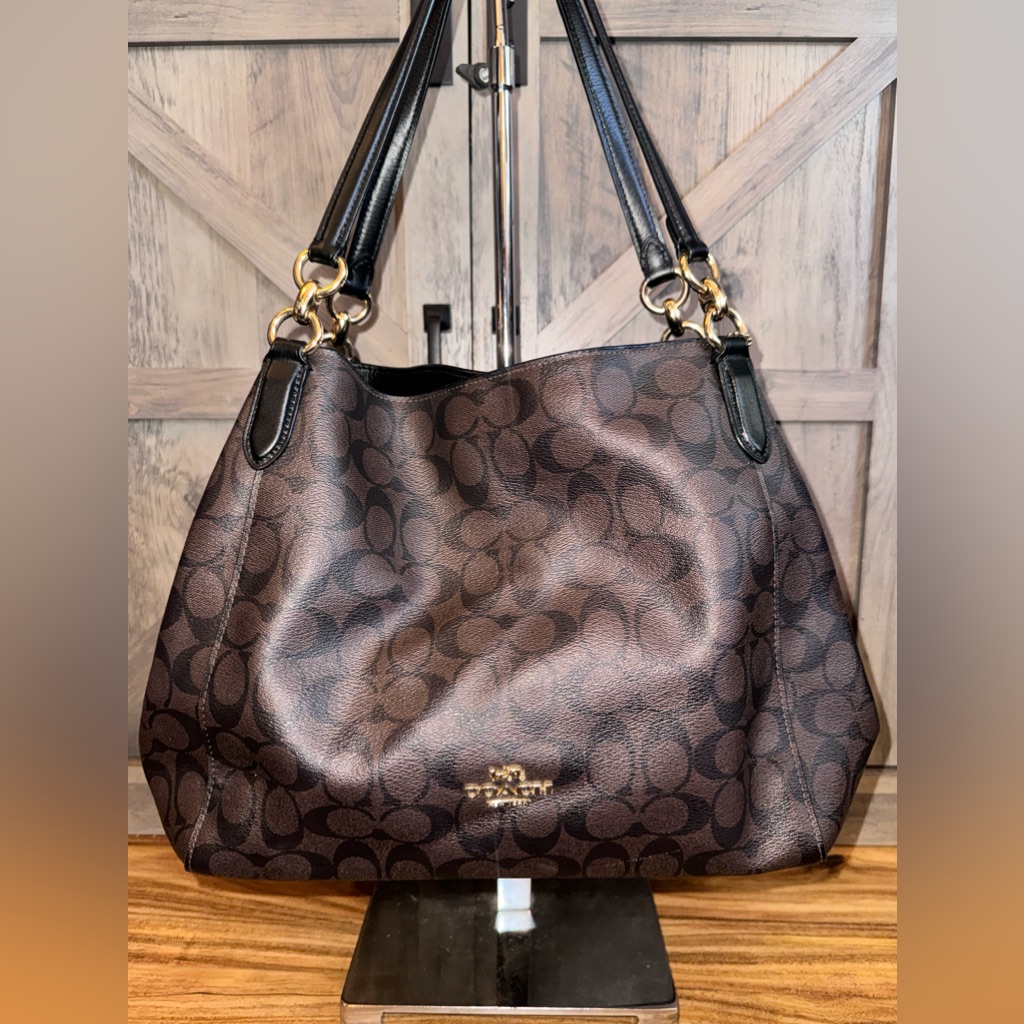 Coach Hallie Shoulder Bag In Signature Canvas Brown Black